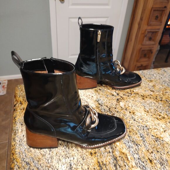 Steve Madden Loreen Black Patent Chunky Heel Gold Chain Mid Calf Boot Sz 8.5M - Picture 5 of 12